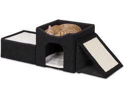 Opvouwbare kattenmand - 3 slaapplekken, kattenhuis met krabplank - HBD: 365 x 112 x 41 cm, zwart