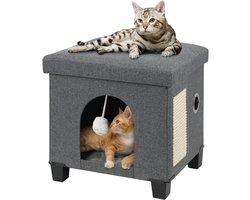 Opvouwbare Kattenmand met Krabpaal en Speeltje, Grijze Kattenhuisje en Voetenbank