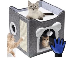 Opvouwbare kattenmand met terras - pluizige speelbal - krabplank - vachtverzorgingshandschoen - lichtgrijs - 39 x 39 x 39 cm