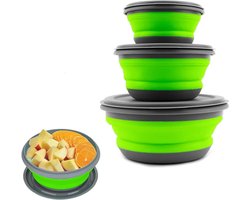 Opvouwbare Siliconen Kom met Deksel voor Kamperen en Hiken - Set van 3 - Gras Groen