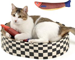 Ovaal krabplank van golfkarton voor binnenkatten - Kattennest in komvorm - Bank en kattenbed - Verjaardagscadeau (speelgoed vis en krabpage)