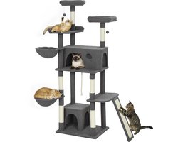 PawHut-Kattenkrabpaal-Spaanplaat, Knuffelbeest in teddybeer-60x48x174cm-Grijs