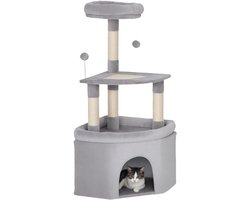 PawHut-Kattenkrabpaal-Spaanplaat, pluche-49x49x114cm-Lichtgrijs