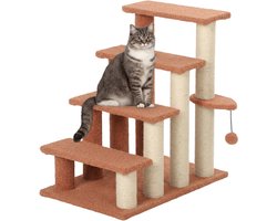 PawHut Katzentreppe 4-stufige Haustiertreppe mit Kratzsäulen Ball Hundetreppe Tiertreppe für Katzen bis 5 kg Plüsch Jute Braun 60 x 40 x 64 cm