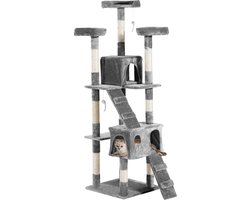 PawHut - Krabpaal - 3 liggende oppervlakken - met 2 huizen - Grijs