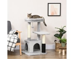 PawHut krabpaal met afwasbaar kattenbed, krabpaal met kattenbak, speeltje, lichtgrijs, 48x48x85cm
