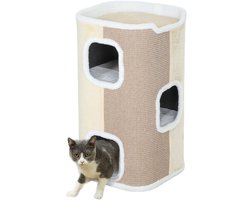 PawHut Kratztonne für Katzen Katzenkratzbaum 3 Ebenen Katzenbaum Kletterbaum für Katzen Katzenmöbel Spanplatte samtartiges Polyester Sisal Beige+Weiß 40 x 40 x 74 cm