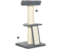 Krabpaal: Pawona Krabpaal - Met sisal krabpaal, krabmat en speelballen - 48 x 48 x 92 cm - Donkergrijs/Crèmewit