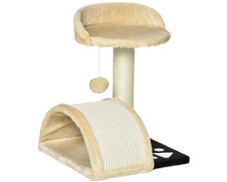 Krabpaal: Pawona Krabpaal - Met sisal krabpaal, krabplank, kattenhuisje en speelbal - 35,5 x 37 x 46 cm - Beige