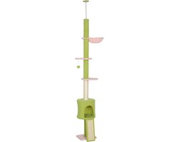 Krabpaal: Pawona Krabpaal van vloer tot plafond - Verstelbaar - Met krabpalen, ligplekken, hangmat en kattenhol - 30 x 25 x 220-240 cm - Groen/Roze/Crèmewit