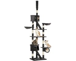 Krabpaal: Plafond Krabpaal Verstelbaar 240-260cm Donkergrijs met Hangmat Ladder Kattenhol voor Activiteit Ontspanning