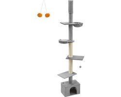 Plafondhoge Krabpaal - Krabpaal - Kattentoren - Verstelbare Hoogte - Lichtgrijs - MDF, Multiplex, Pluche, Sisal - 45cm x 30cm x (231-291cm)