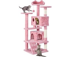Krabpaal: Pluche kattenkrabpaal met speelboom en knuffelholtes - 139 cm - Roze