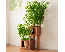 Krabpaal: Pugsdrly Krabpaal in boomdesign 175 cm, kattenboom met afneembare kunstbladeren, 2 kattenhuisjes, 2 platforms, sisal-krabpalen, zacht kussen, kattenmeubel voor meerdere katten, bruin/groen