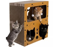 Krabpaal: Purlov Kattenhuis met krabpaal – duurzaam HDF en karton, 2 verdiepingen met 4 ballen voor actieve katten