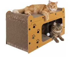 Krabpaal: Purlov Kattenhuis met krabpaal – stevig HDF en ecologisch karton, 2 verdiepingen met speeltjes voor actieve katten