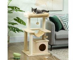 REDOM Compacte Kattenkrabpaal voor Kittens (90cm) - Krabmeubel met Hangmat & Huisje - Sisal / Pluche - Crèmewit