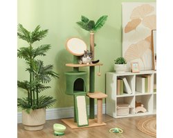 Krabpaal: REDOM- Krabmeubel - Krabpaal met kattenhuisje en speelballen - Sisal krabpalen - Kattenboom met meerdere platforms en helling - Voor 1-2 katten - Spaanplaat, sisal, pluche - Groen - 48 x 44 x 139 cm