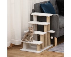 Krabpaal: REDOM - Krabmeubel met krabpaal - 4-staps kattentrap en hondentrap - Pluche beklede treden - Voor gebruik naast bank of bed - Multiplex - Wit - 60 x 40 x 64 cm
