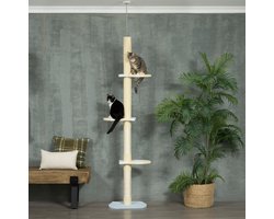 Krabpaal: REDOM - Krabpaal - Hoogte instelbaar 220-260 cm - Plafondhoge spannstang met anti-slip - Meerdere rustplaatsen - Pluche en sisal - Geel - 47 x 34 x 220-260 cm