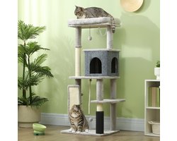 Krabpaal: REDOM - Krabpaal kattenboom met huisje en kattenbed - Krabpalen en meerdere niveaus - Pluche en sisal - Lichtgrijs - 55 x 44 x 132 cm