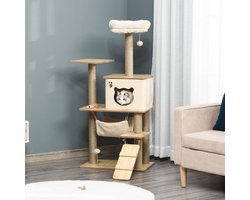 Krabpaal: REDOM - Krabpaal voor katten - Met kattenhuisje, hangmat, ladder en speeltjes - Jutestammen en pluche - Geel - 60 x 40 x 130 cm