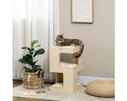 Krabton: REDOM - Krabton kattenmeubel met 3 niveaus en 3 rustplaatsen - met huisje en speelbal - pluche - Eiken - 34 x 34 x 60 cm
