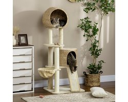 REDOM Luxe Kattenkrabpaal met Rotan-Look Kattenhuis (150cm) - Krabboom met Hangmat & Krabplank - Voor Kleine/Middelgrote Katten - Beige