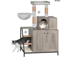 RFWR® 4-in-1 Modern Kattenhuis met Krabpaal en Platform voor Katten, Wasbaar Kussen en Trap