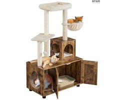 RFWR® Kattenboom met Krabpaal en Kattenbak, 134,5 cm Hoog - Multifunctioneel Kattenmeubel in Vintage Bruin-Beige