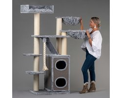 RHRQuality Krabpaal voor Grote katten - Cat Penthouse Lichtgrijs Plus - met extra dikke 12cm sisalpalen en XXL Krabton