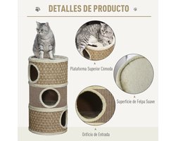 Roossentials krabpaal - Kattenboom - Kattenhuis - Klimmeubel kat - Krabpaal voor katten - 3 niveaus - Met plateaubed - 37,5X37,5X70 cm - Lichtbruin/Beige