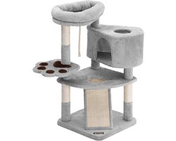 Schattige kattentoren met krabpaal en oprit - Meertraps kattenappartement met baars en grot - Grijs - 49 x 49 x 95 cm - Geschikt voor katten tot 7 kg