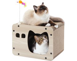 Scratching Post Cardboard Home Cat Scratching Track Corrugated 2-in-1 Double-Sided Use Pad with Feather Mouse Toy for Indoor Cats 40 x 30 x 30 cm
