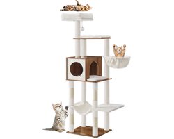 Signature Home Grote krabpaal - krabpaal 165 cm hoog - kattenboom meerlaagse krabpaal met grot - hangmat - pluchen bal - krabpalen - honingbruin