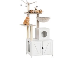Signature Home Krabpaal - Krabpaal met kattenbak- kattenhuis Kattenboom - Kattenboomkast - Wit Beige - 48x60x150 cm