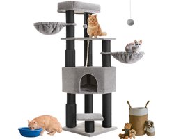 Signature Home krabpaal - krabpaal met zelfverwarmende dekens - Kattenboom voor grote katten - 2 kattenborstels 11,1 cm D Dikke palen - grijs Zwart -160 cm