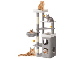 Signature Home Krabpaal voor katten - 152 cm hoog - meerlaagse krabpaal met 2 grote grotten - 1 ligstoel - 3 krabpalen - 3 platforms - duifgrijs