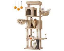 Signature Home Sterk krabpaal 175 cm - hoog XL kattenboom - meerlaagse krabpaal met 2 holen - 5 krabpalen - kattenborstel - groot platform - kameelbruin