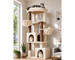 Krabpaal: SnelShoppen - Globlazer Hoek Kattenboom Beige 163cm met 2 Grote Kattenhuizen 45x30x30CM, Lijnplatform, 2 Zachte Mandjes, Pluche Speeltjes, Krabpaal vo
