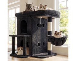 Krabpaal: SnelShoppen - Heybly Krabpaal HCT204SG 65 cm Hoge Kattenboom met Extra Groot Platform, Dubbel Huis, Sisal-Krabzuil, Kattenmand en Speelgoed, Rookgrijs