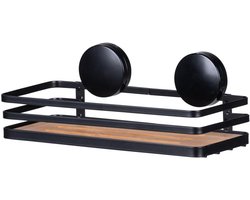 Static-Loc Plus Alba Wandplank badkamerplank van gelakt staal en duurzame bamboe bevestigen zonder boren veilige grip door statische hechting 26 x 11 x 12 cm zwart/naturel