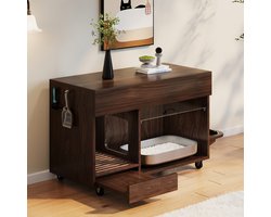 STILVORA Kattenbakkast – Verbergende Kattenbak Met Uitneembare Zandvanglade En 2 Voerschaaltjes – Opberglade En Acrylklep – MDF – 100x45,5x67 cm – Walnoot