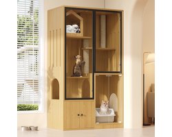 STILVORA Kattenkast - Glazen Panoradeur En Vier Niveaus - Klimmen Rusten Krabben Voor Woonkamer Balkon - MDF Glas - 90x50x160 Cm