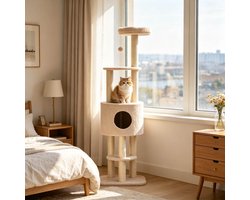 Krabpaal: STILVORA Krabpaal &ndash; 148 cm Hoog &ndash; Spaanplaat, Pluche en Sisal &ndash; Beige &ndash; Met Kattenhuisje, Speelbal en Meerdere Ligplatforms