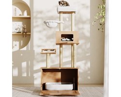 STILVORA Krabpaal - Met Voerbak En Kattenbak Kast - Platform, Hangmat En Rusthol - MDF Met Pluche - 80x50x173 Cm - Natuurlijk