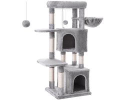 SureDeal® - Krabpaal 120 cm met 2 Kattengrotten & Speelballetje - 49x45x120 cm - Spaanplaat/Pluche - Grijs - Voor Katten - Meerdere Verdiepingen - Met Kantelbeveiliging