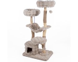 Krabpaal: SureDeal® - Krabpaal - Kattenkrabpaal - Grot Hangmat Pluche - Krabpilaren Meerlaagse Kattentoren - Pluche Ballen - 71x50,5x147 cm - Beige