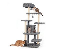 Krabpaal: SureDeal® - Krabpaal - Kattenkrabpaal - Kattenhol - Sisalstammen Ligplateau Borstel - Speelballetjes Grote Voetplaat - 86x82x170 cm - Grijs
