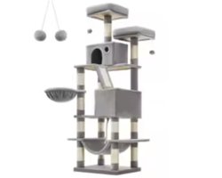 SureDeal® - XXL Krabpaal Kattenboom 168 cm – 13 Sisalpilaren – Hangmat & Grotten – Nylon/Hout – Grijs – Voor Grote Katten – 60×50×168 cm (L×B×H)